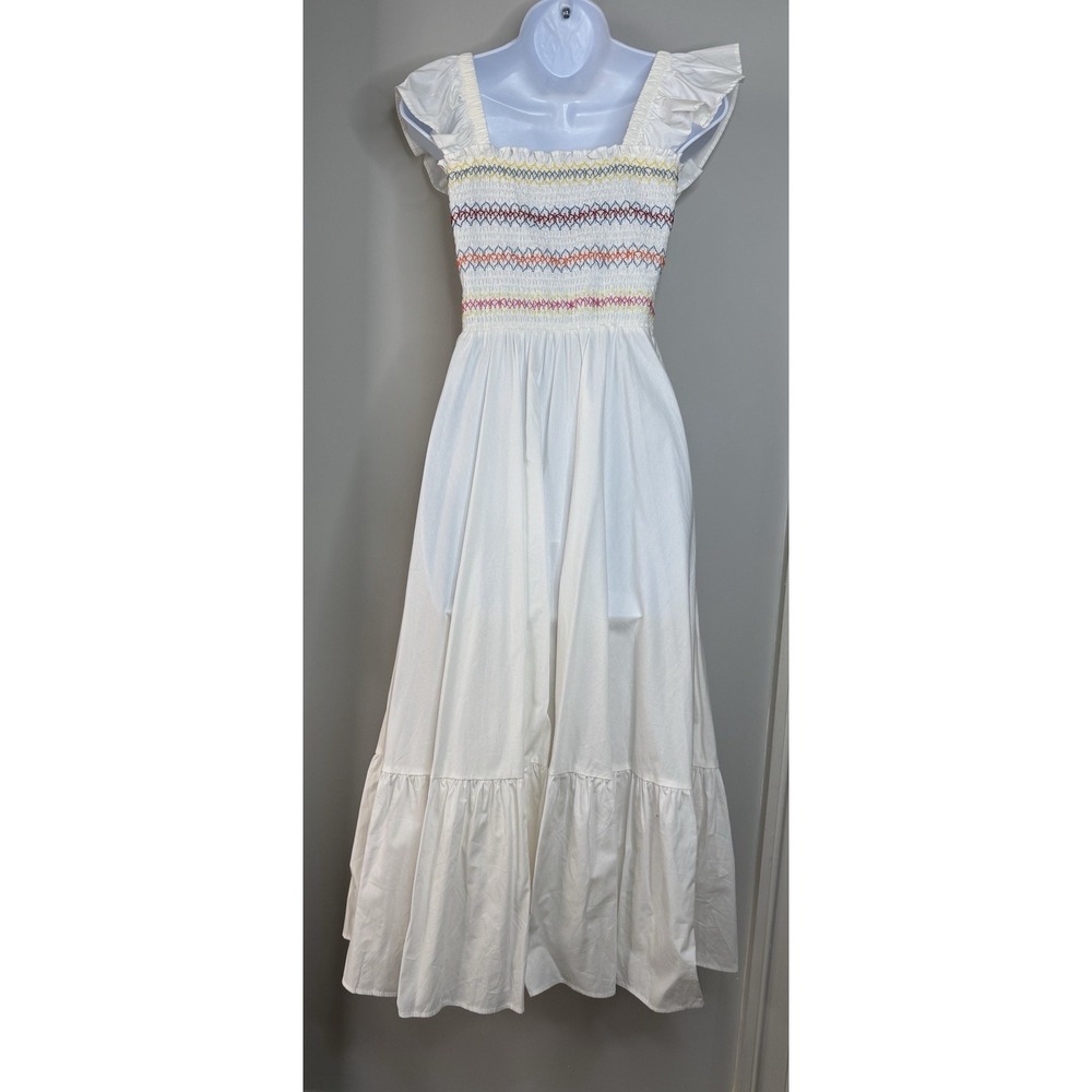 White Smocked Milkmaid Dress Sz S Cottagecore Puff Sleeve Rainbow Stitch Maxi - Picture 3 of 9